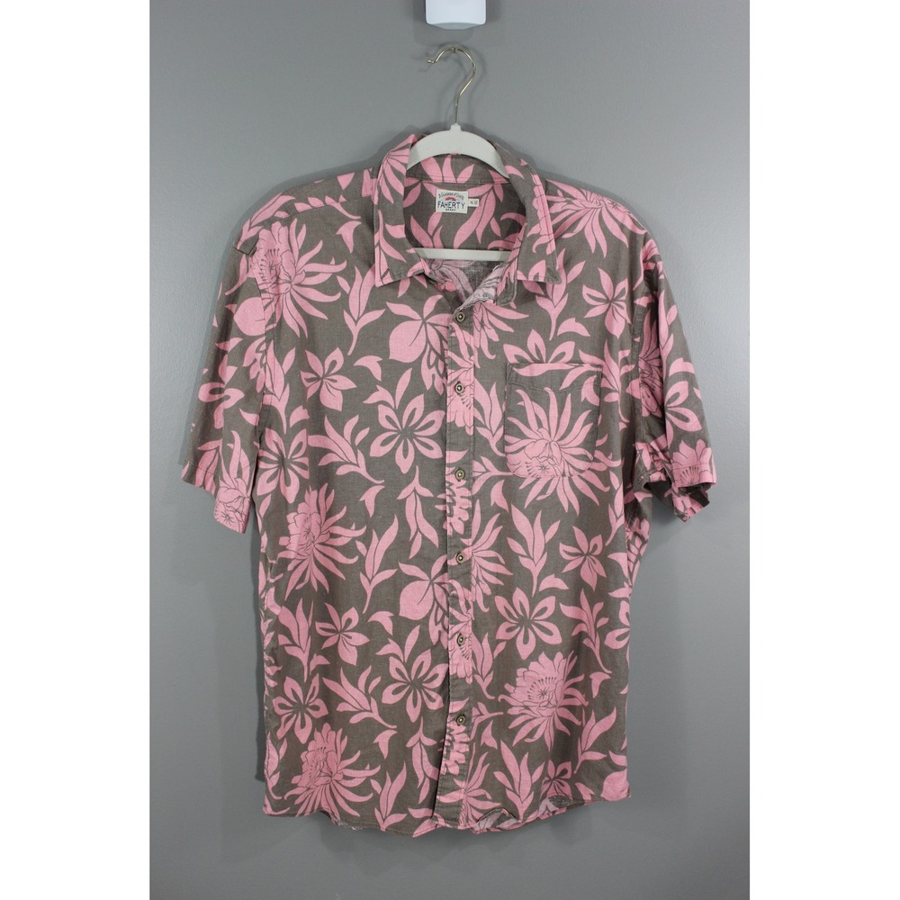 Faherty Shirt Mens XL Pink Brown Great Short Sleeve Hemp Tencel Floral Button Up